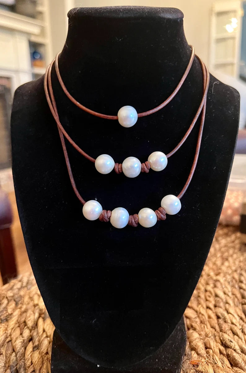 Floating Pearl on Leather Necklace