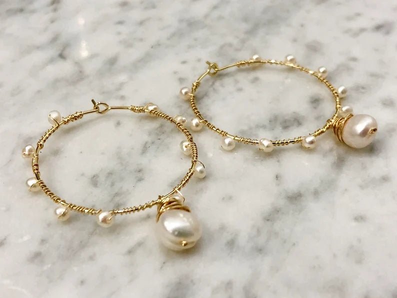 Gold and Pearl Hoops with Gold and Pearl Dangle