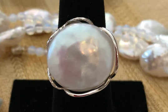 Sterling Silver Iridescent White Coin Pearl Ring